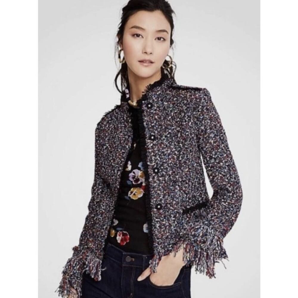 Ann Taylor Multicolor Tweed Fringe Jacket Boucle Collarless Blazer Medium M